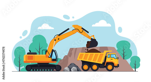 Flat vector of excavator loading rocks into truck at quarry, heavy equipment and mining production theme