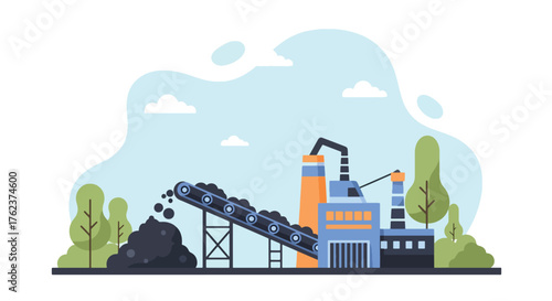 Flat vector of conveyor belt moving minerals to factory, mining production and processing industry illustration
