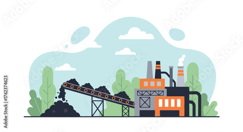 Flat vector of conveyor belt moving minerals to factory, mining production and processing industry illustration