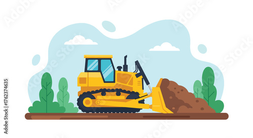 Flat vector of heavy bulldozer moving earth in open-pit mining site, industry and construction machinery theme
