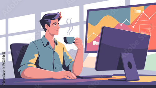 A man taking a break while enjoying coffee and analyzing data at work.