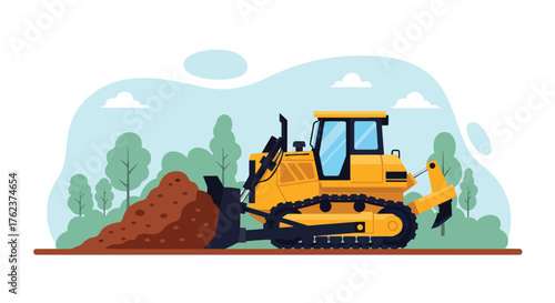 Flat vector of heavy bulldozer moving earth in open-pit mining site, industry and construction machinery theme