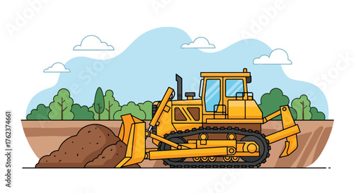 Flat vector of heavy bulldozer moving earth in open-pit mining site, industry and construction machinery theme