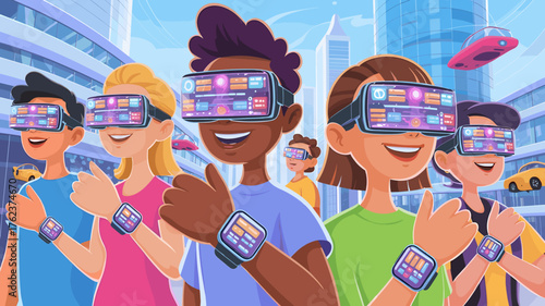 Group of young people exploring virtual reality, smiling with smartwatches and wearing VR headsets.