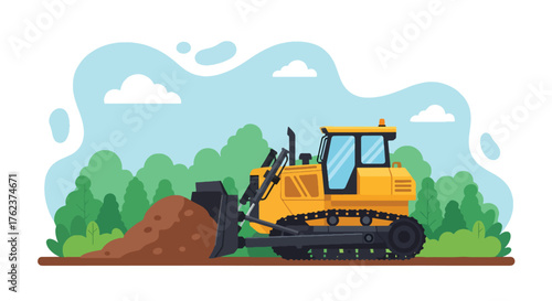 Flat vector of heavy bulldozer moving earth in open-pit mining site, industry and construction machinery theme