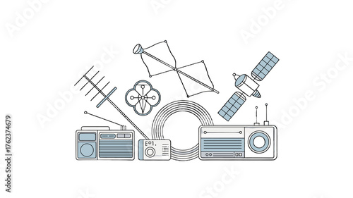 Collection of various communication devices and technology illustrations.