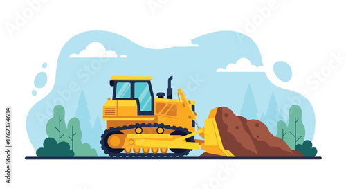 Flat vector of heavy bulldozer moving earth in open-pit mining site, industry and construction machinery theme