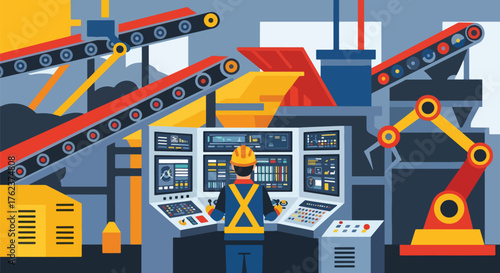 Flat vector of mining operator using control panel inside industrial room, monitoring machines and process systems