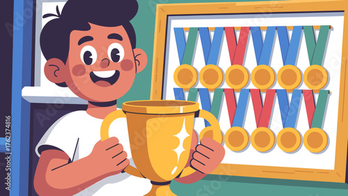 A cartoon person holds a trophy proudly with gold medals in the background.