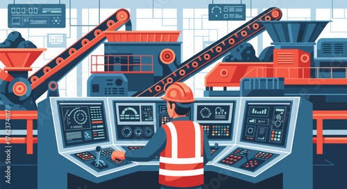 Flat vector of mining operator using control panel inside industrial room, monitoring machines and process systems
