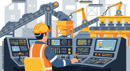 Flat vector of mining operator using control panel inside industrial room, monitoring machines and process systems