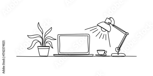 Minimalist continuous one line drawing of a desk setup featuring a laptop a plant a lamp and a cup vector