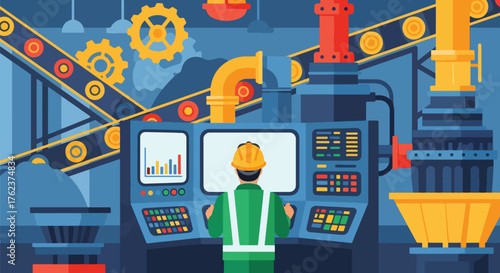Flat vector of mining operator using control panel inside industrial room, monitoring machines and process systems