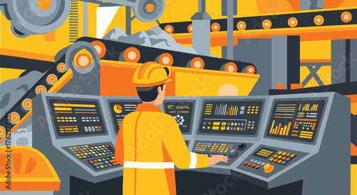 Flat vector of mining operator using control panel inside industrial room, monitoring machines and process systems