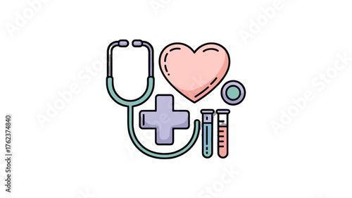 A medical illustration featuring a stethoscope, heart, cross, and test tubes.