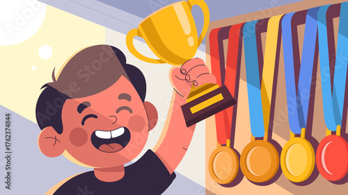 A cheerful boy holding a trophy next to a collection of medals.