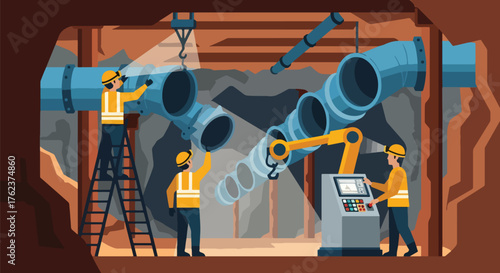 Flat vector of miners installing ventilation system underground, teamwork and engineering safety operation