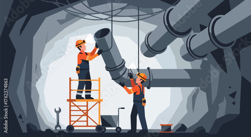Flat vector of miners installing ventilation system underground, teamwork and engineering safety operation
