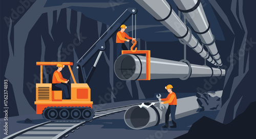 Flat vector of miners installing ventilation system underground, teamwork and engineering safety operation