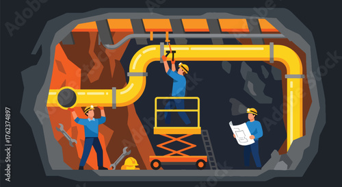 Flat vector of miners installing ventilation system underground, teamwork and engineering safety operation