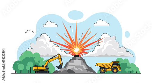 Flat vector of quarry blasting operation with controlled explosion, mining power and industrial process theme