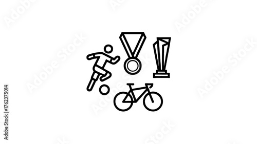 Illustration of sports symbols: soccer player, bicycle, trophy and medal.