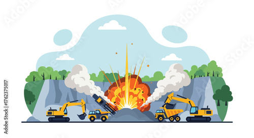 Flat vector of quarry blasting operation with controlled explosion, mining power and industrial process theme