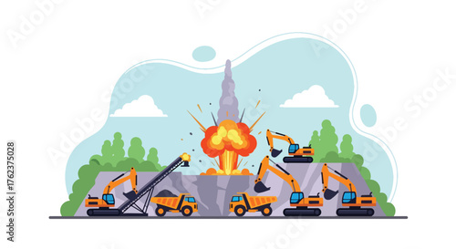 Flat vector of quarry blasting operation with controlled explosion, mining power and industrial process theme
