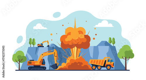 Flat vector of quarry blasting operation with controlled explosion, mining power and industrial process theme
