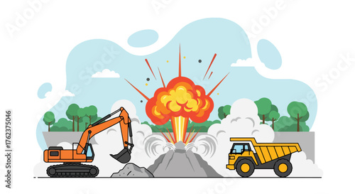 Flat vector of quarry blasting operation with controlled explosion, mining power and industrial process theme