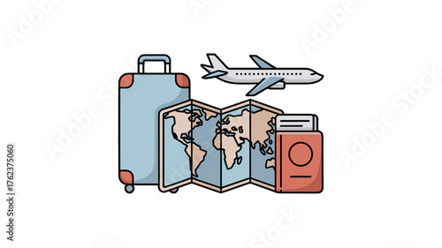 Travel essentials: a suitcase, map, passport, and airplane against a light backdrop.