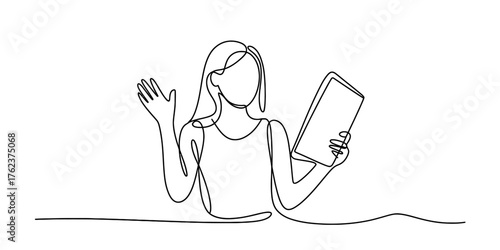 A continuous one line drawing capturing a person interacting with a tablet device in a minimalist art style vector