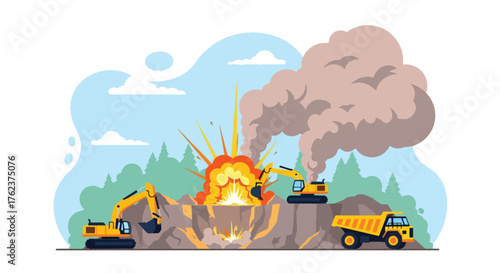 Flat vector of quarry blasting operation with controlled explosion, mining power and industrial process theme