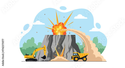 Flat vector of quarry blasting operation with controlled explosion, mining power and industrial process theme