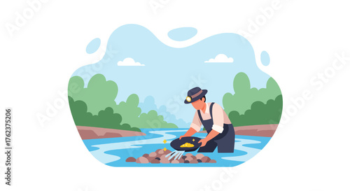 Flat vector of traditional gold miner panning for nuggets in river stream, historical mining process scene