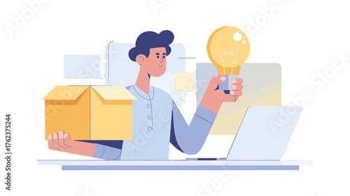 A creative professional holding an idea bulb, and package.