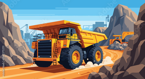 Flat vector of large mining dump truck hauling materials through rocky open-pit site, industrial transport scene