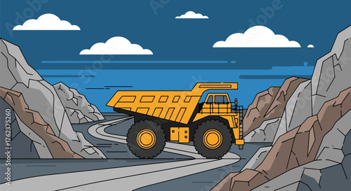Flat vector of large mining dump truck hauling materials through rocky open-pit site, industrial transport scene