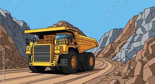 Flat vector of large mining dump truck hauling materials through rocky open-pit site, industrial transport scene