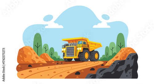 Flat vector of large mining dump truck hauling materials through rocky open-pit site, industrial transport scene