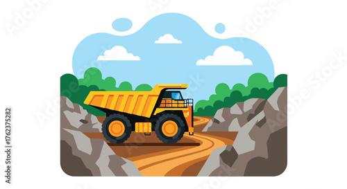 Flat vector of large mining dump truck hauling materials through rocky open-pit site, industrial transport scene