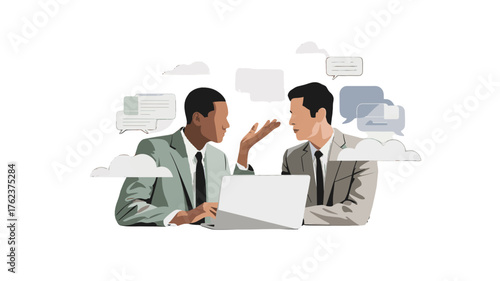 Two businessmen engaged in an animated discussion, surrounded by speech bubbles.