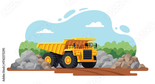 Flat vector of large mining dump truck hauling materials through rocky open-pit site, industrial transport scene