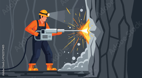 Flat vector of miner operating pneumatic drill on rock wall underground, hard work and industrial energy concept
