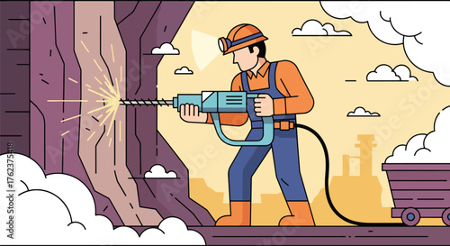 Flat vector of miner operating pneumatic drill on rock wall underground, hard work and industrial energy concept