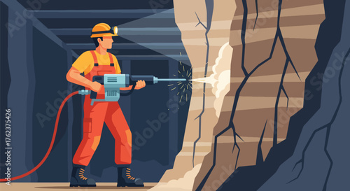 Flat vector of miner operating pneumatic drill on rock wall underground, hard work and industrial energy concept