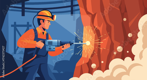 Flat vector of miner operating pneumatic drill on rock wall underground, hard work and industrial energy concept