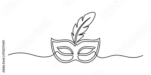 Elegant continuous one line drawing of a feathered masquerade mask emblematic of mystery and celebration vector