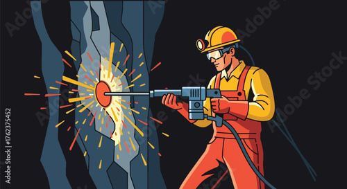 Flat vector of miner operating pneumatic drill on rock wall underground, hard work and industrial energy concept