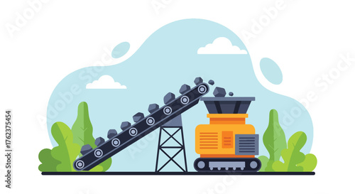 Flat vector of conveyor belt feeding rocks into crusher machine at mine site, industrial production process scene